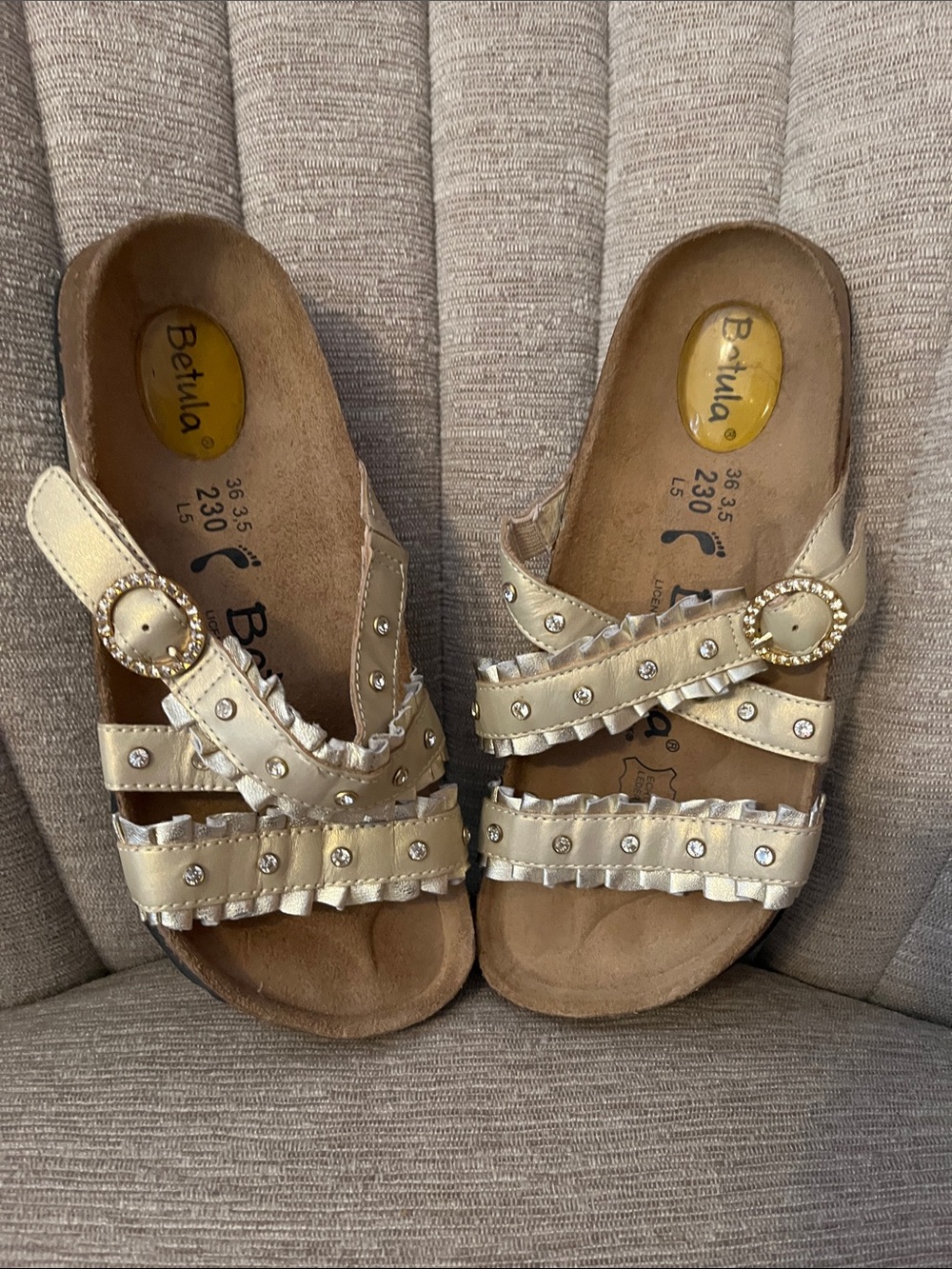 Betula Women's Gold Rhinestone Ruffle Slide Sandals